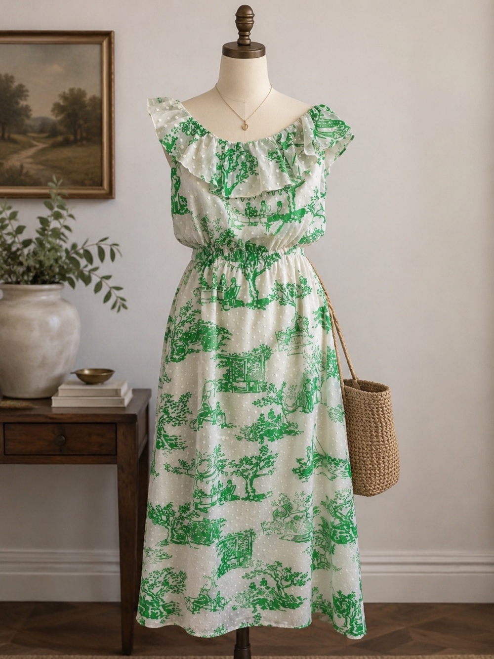Lilly Pulitzer White Dress with Green Scenic Print and Ruffle Neckline